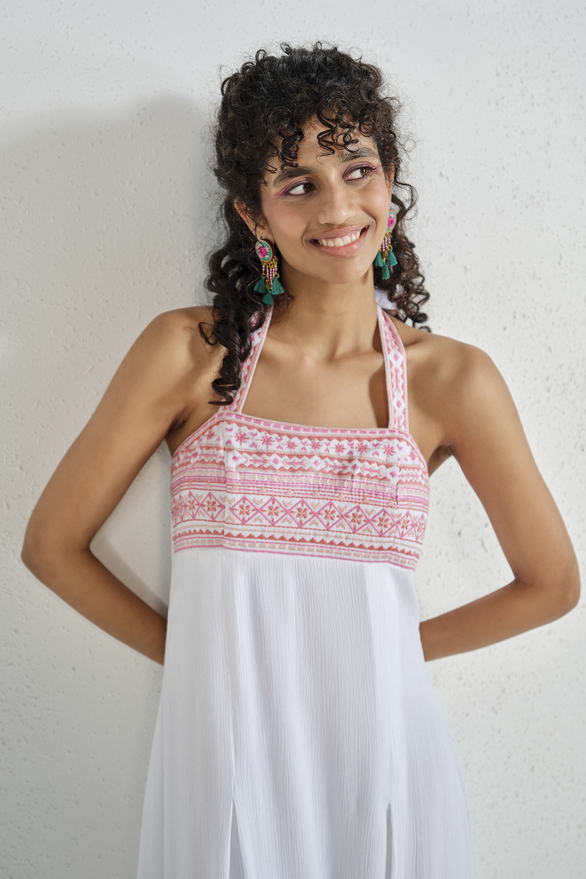 White Blossom Embroidered Halter Dress, Off White, image 2